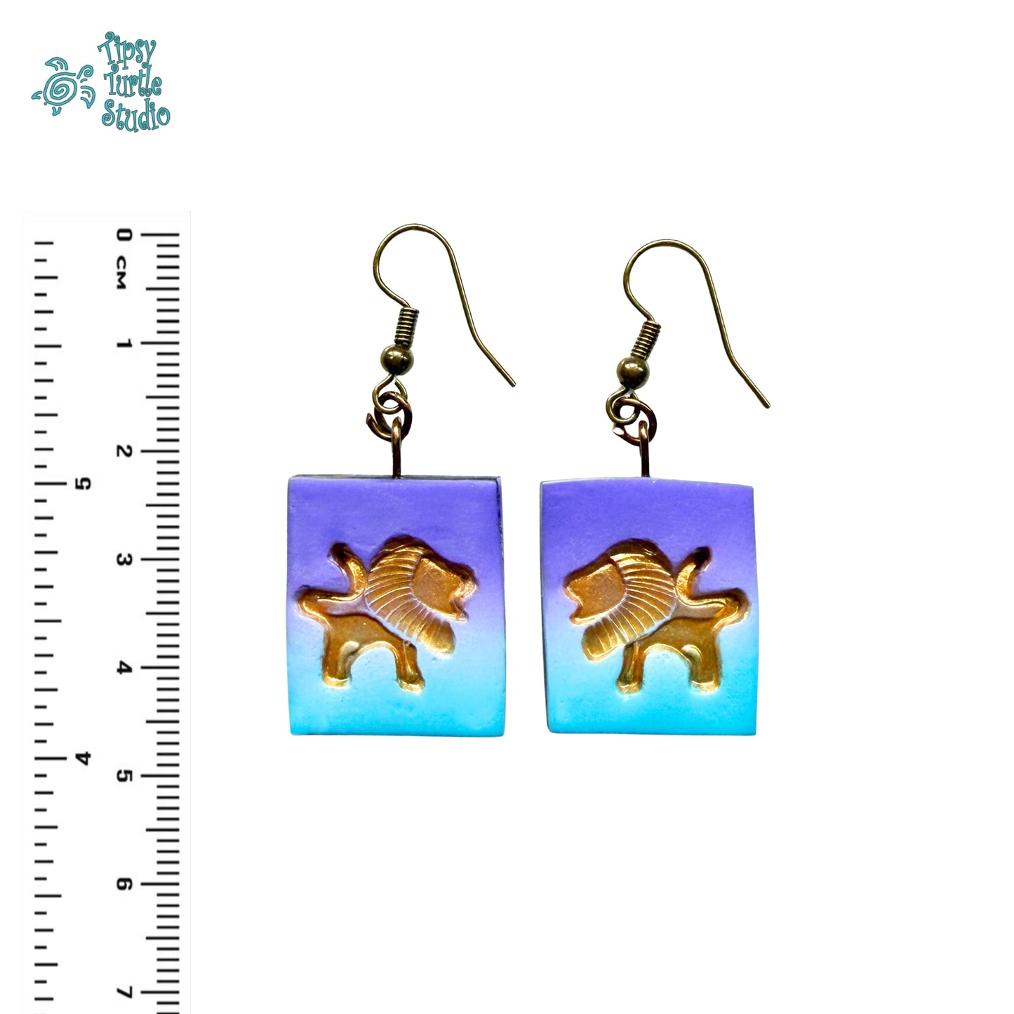 Gold Lions on Purple & Turquoise Dangle Earrings