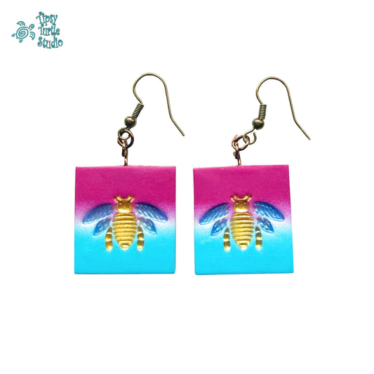 Bees on Pink & Turquoise Dangle Earrings