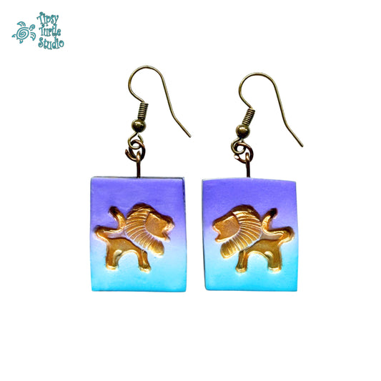 Gold Lions on Purple & Turquoise Dangle Earrings