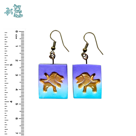 Gold Lions on Purple & Turquoise Dangle Earrings